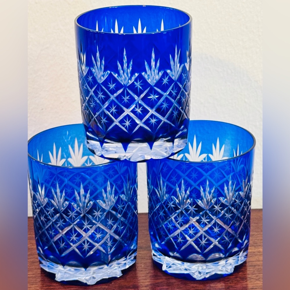 RARE Edo Kiriko Japanese Whiskey Glass - Cobalt Blue - Set Of 2